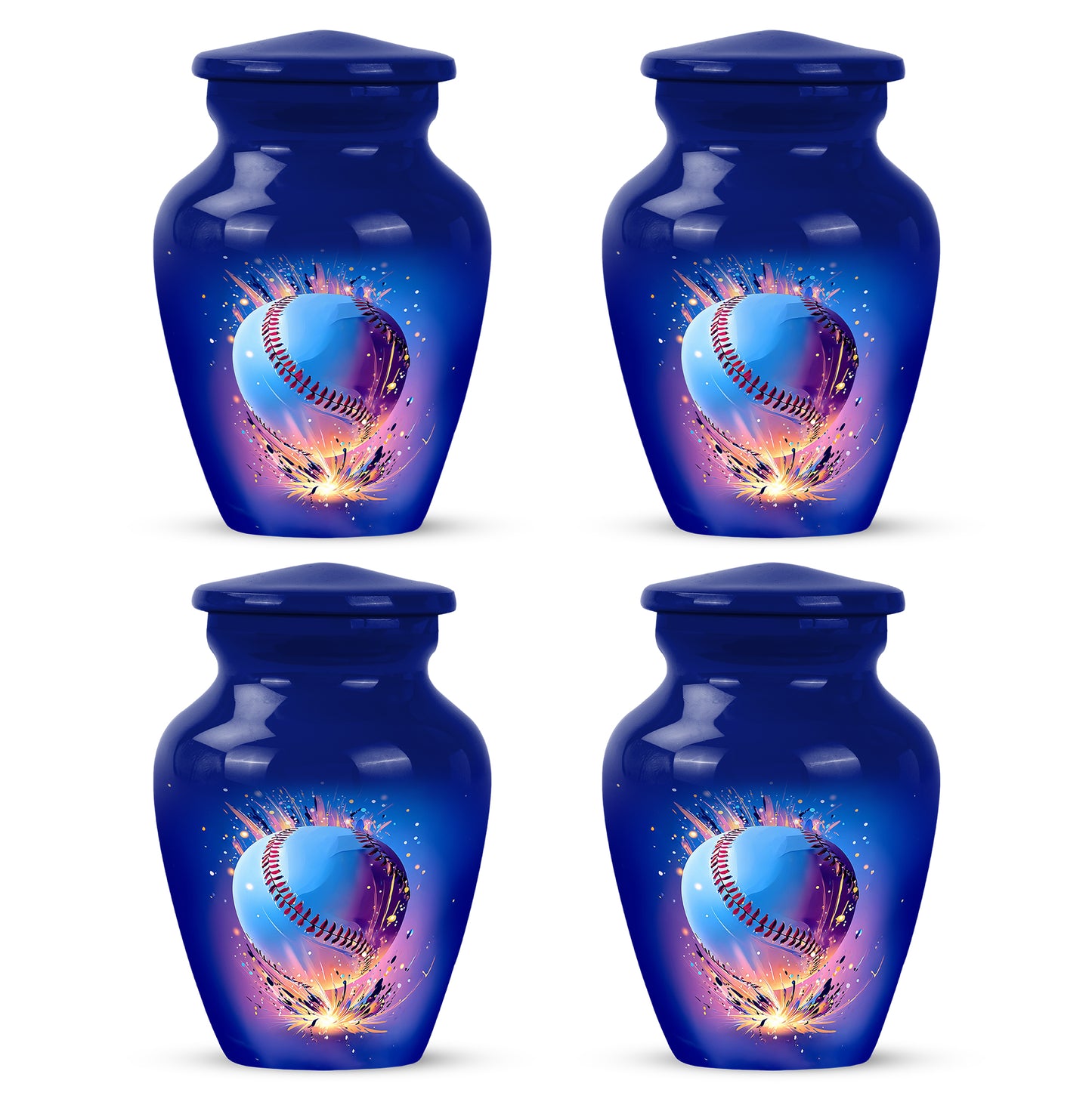Indigo Baseball Cremation Urn side profile showing urn shape - classic sculpted baseball pattern on smooth aluminum - 10 inch aluminum urn for cremated remains