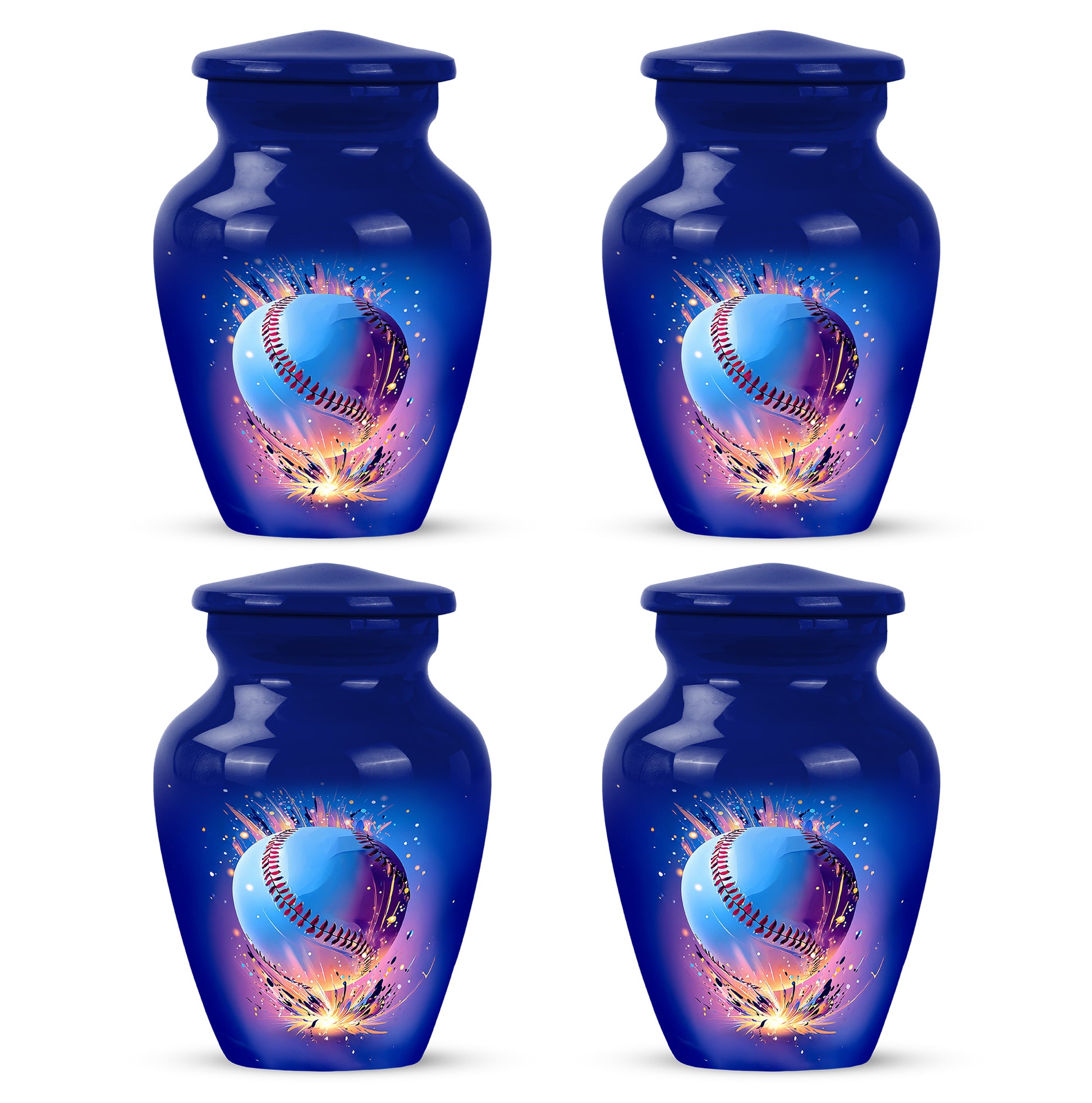 Indigo Baseball Cremation Urn side profile showing urn shape - classic sculpted baseball pattern on smooth aluminum - 10 inch aluminum urn for cremated remains