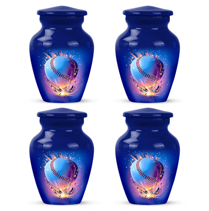 Indigo Baseball Cremation Urn side profile showing urn shape - classic sculpted baseball pattern on smooth aluminum - 10 inch aluminum urn for cremated remains