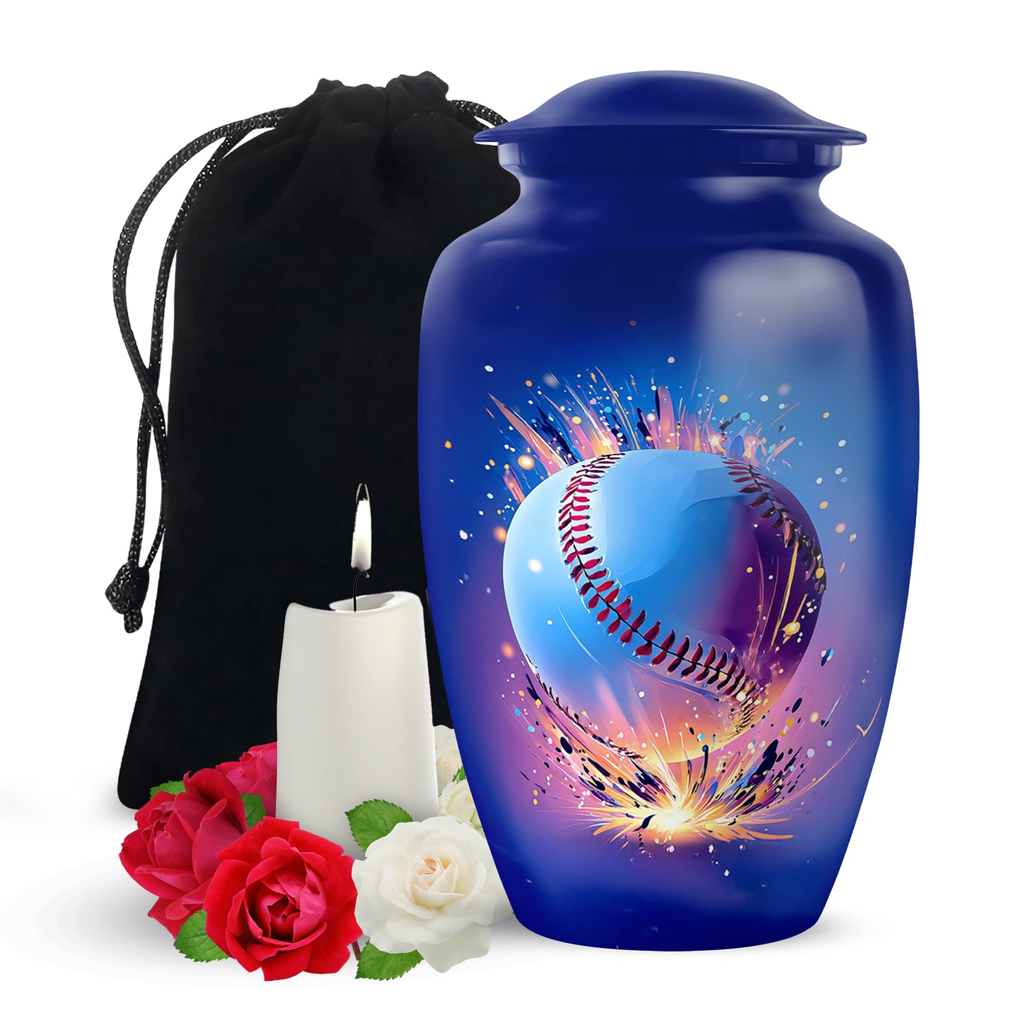 Celestial Blue Baseball Cremation Urn angled view of lid and engraved motif - classic sculpted baseball pattern on smooth aluminum - full-size 10 inch 200 cubic inch adult cremation urn
