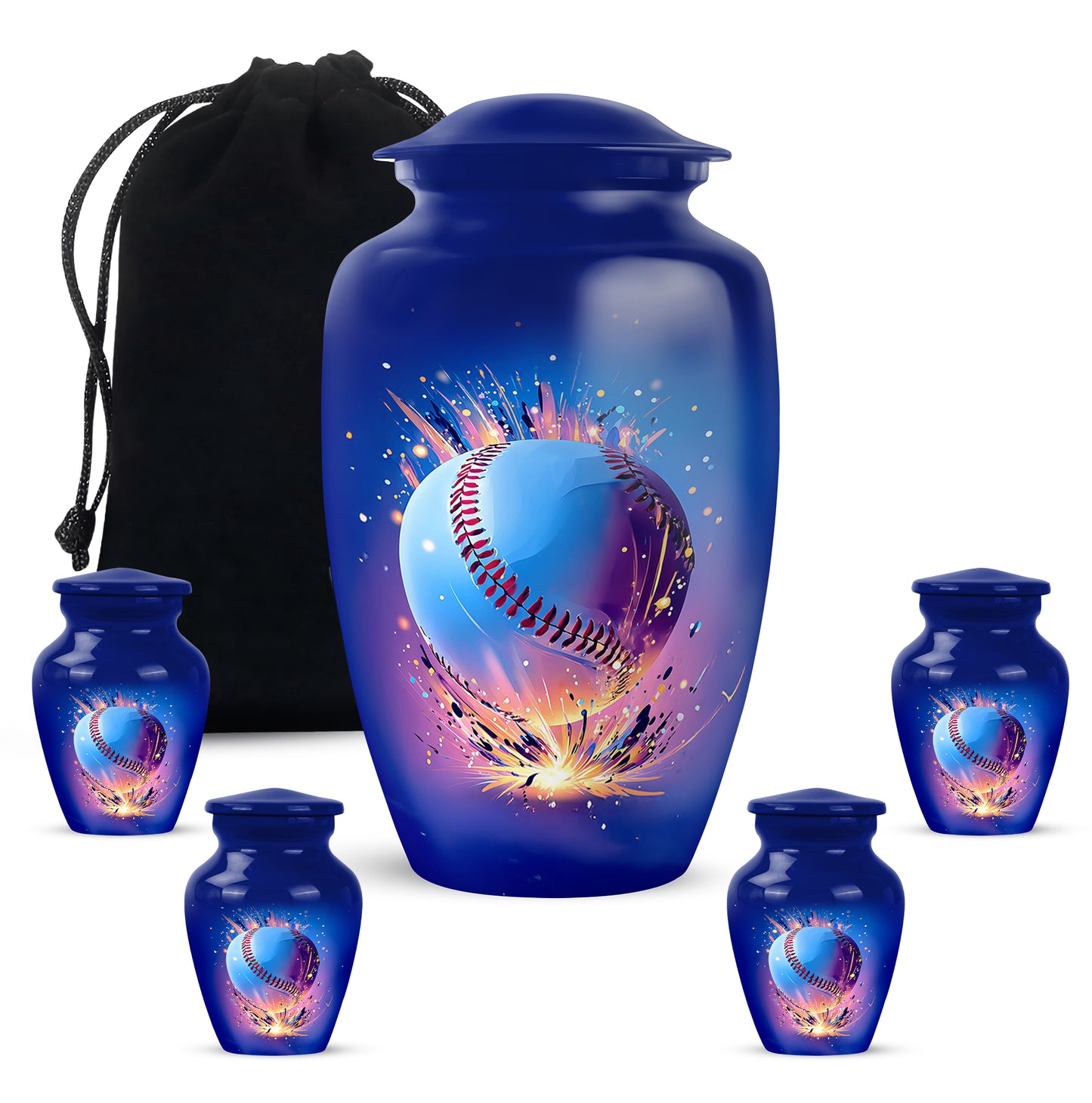 Icy Blue Baseball Cremation Urn top-down view of secure threaded lid - timeless baseball motif etched into premium metal - memorial set with one large and four small urns
