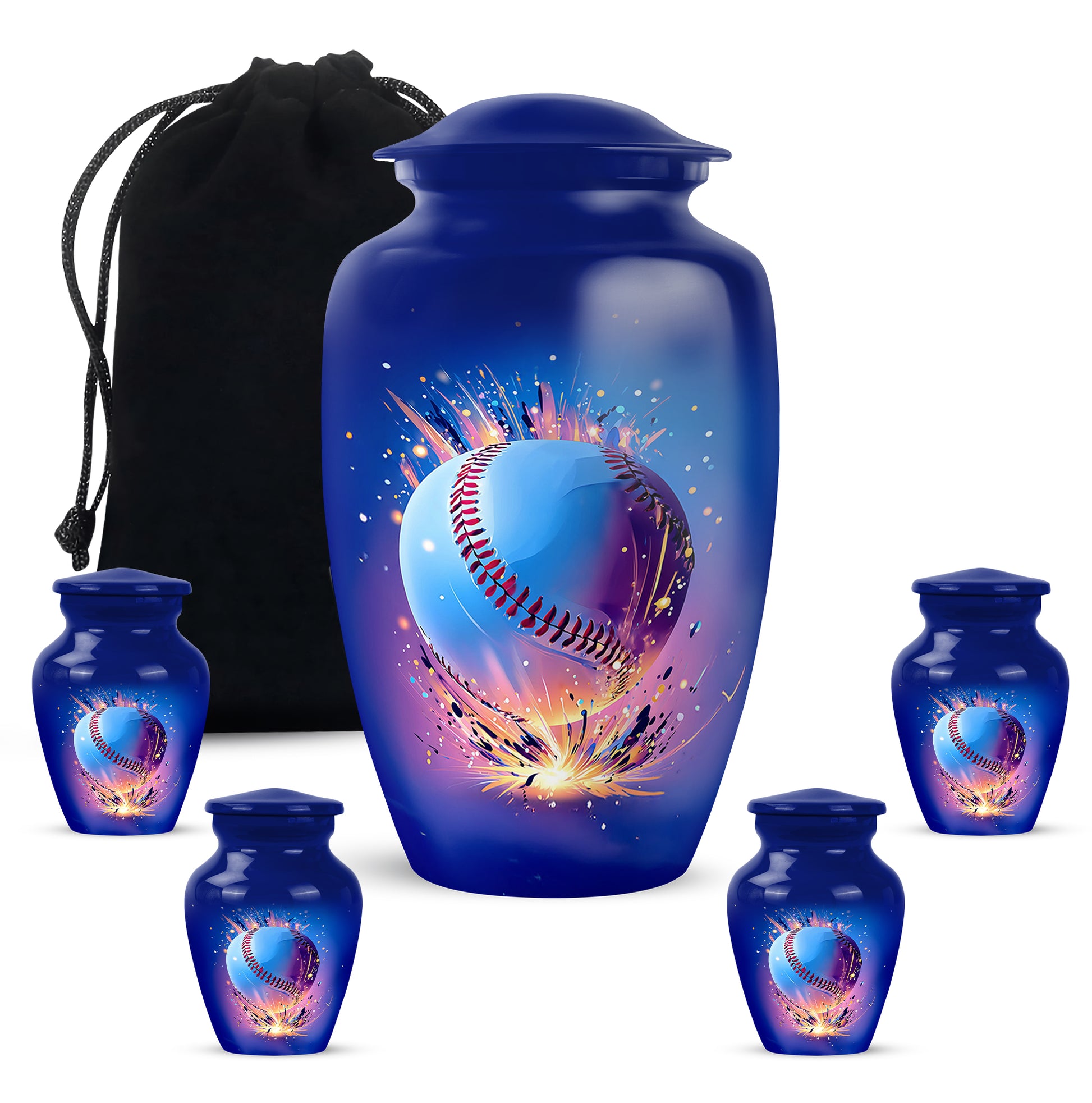 Icy Blue Baseball Cremation Urn top-down view of secure threaded lid - timeless baseball motif etched into premium metal - memorial set with one large and four small urns