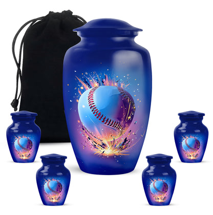 Icy Blue Baseball Cremation Urn top-down view of secure threaded lid - timeless baseball motif etched into premium metal - memorial set with one large and four small urns