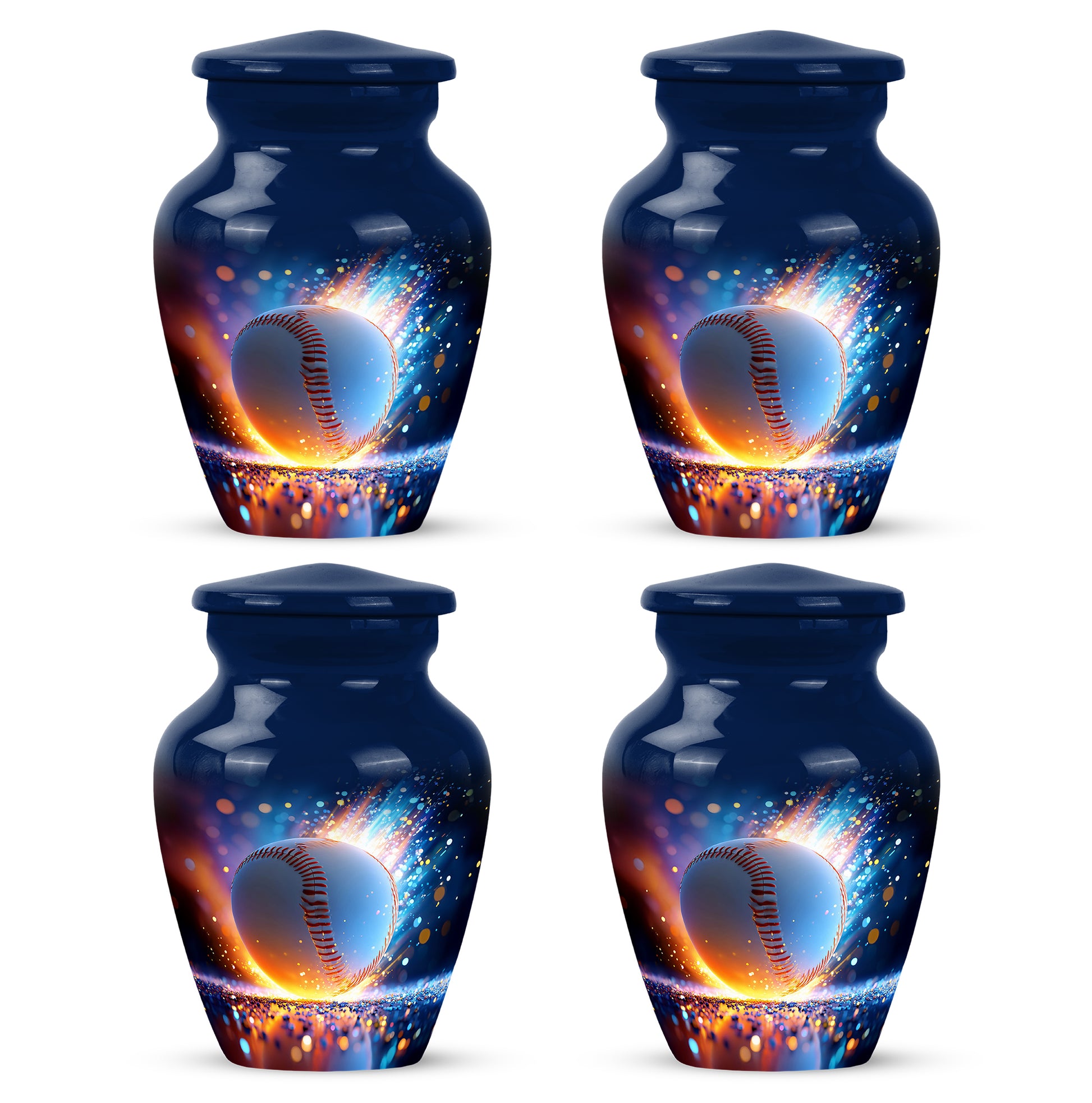 Navy Blue Baseball Cremation Urn side profile showing urn shape - timeless baseball motif etched into premium metal - 10 inch aluminum urn for cremated remains