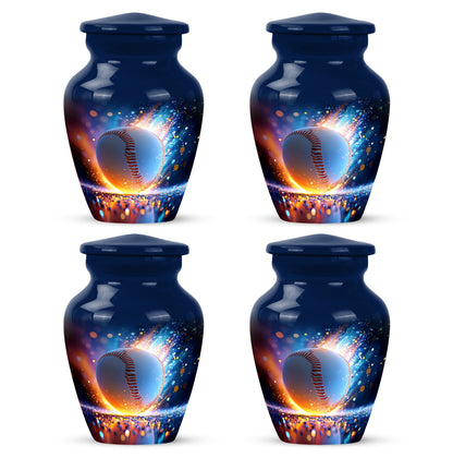 Navy Blue Baseball Cremation Urn side profile showing urn shape - timeless baseball motif etched into premium metal - 10 inch aluminum urn for cremated remains