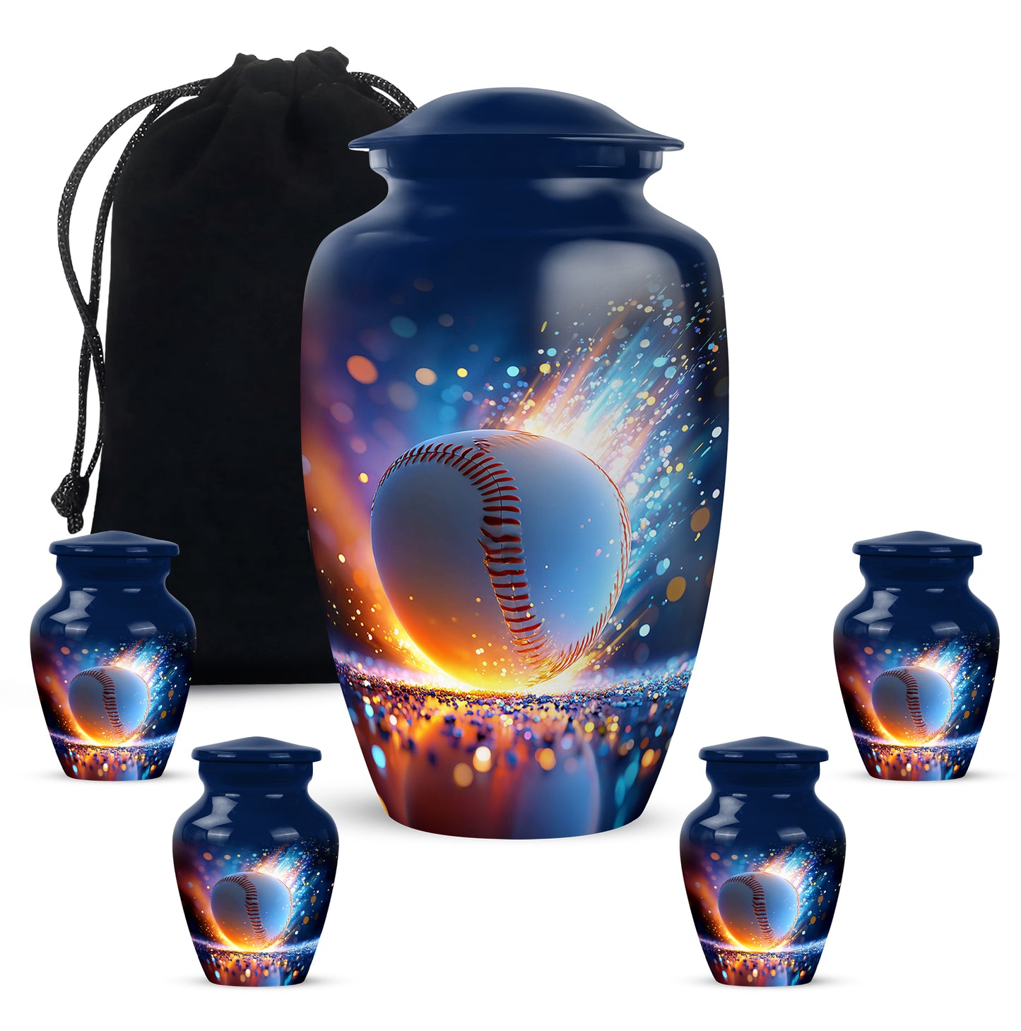 Navy Blue Baseball Cremation Urn top-down view of secure threaded lid - classic sculpted baseball pattern on smooth aluminum - memorial set with one large and four small urns