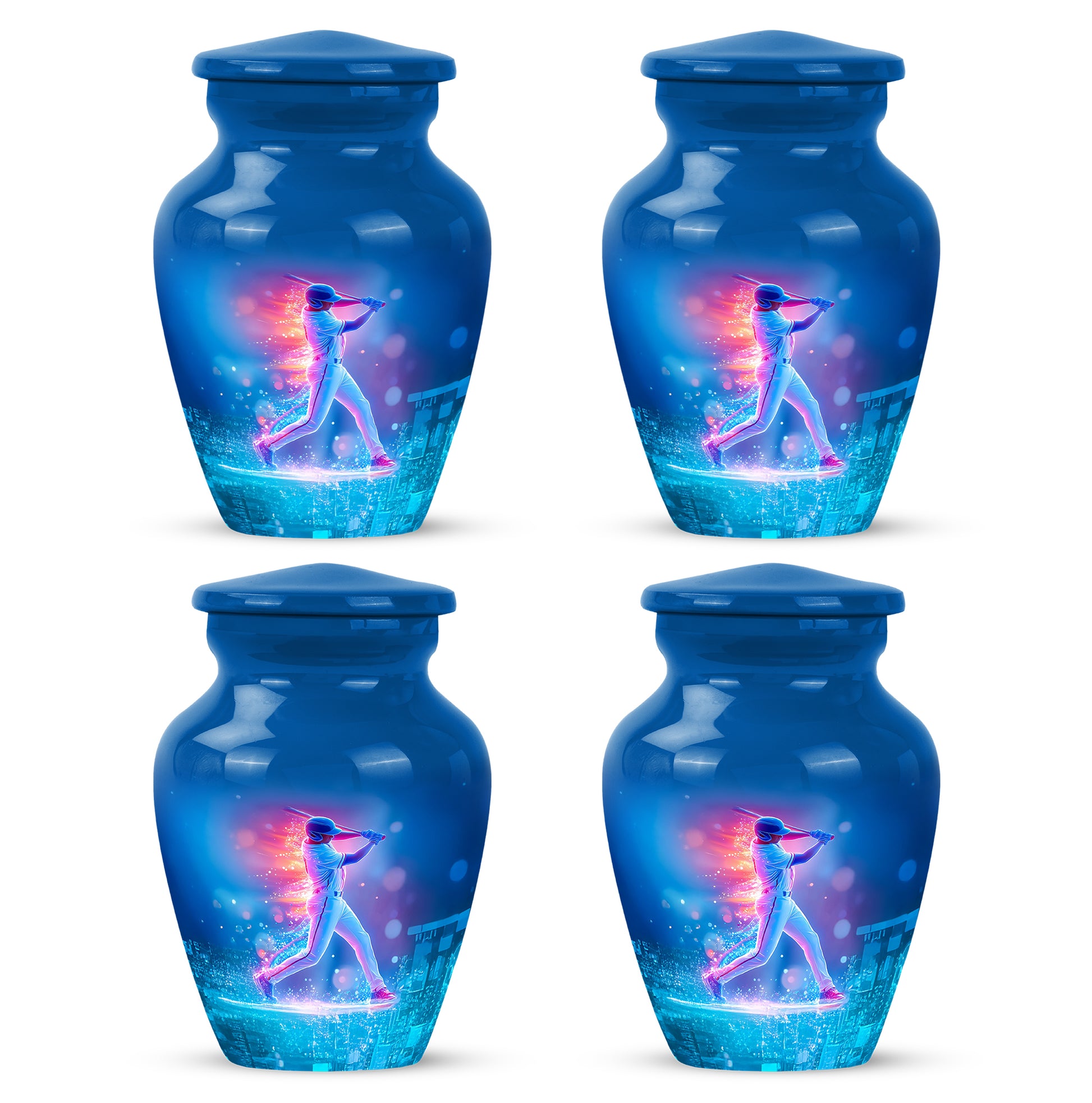 Royal Blue Baseball Cremation Urn side profile showing urn shape - elegant classic baseball relief with fine detailing - 10 inch aluminum urn for cremated remains