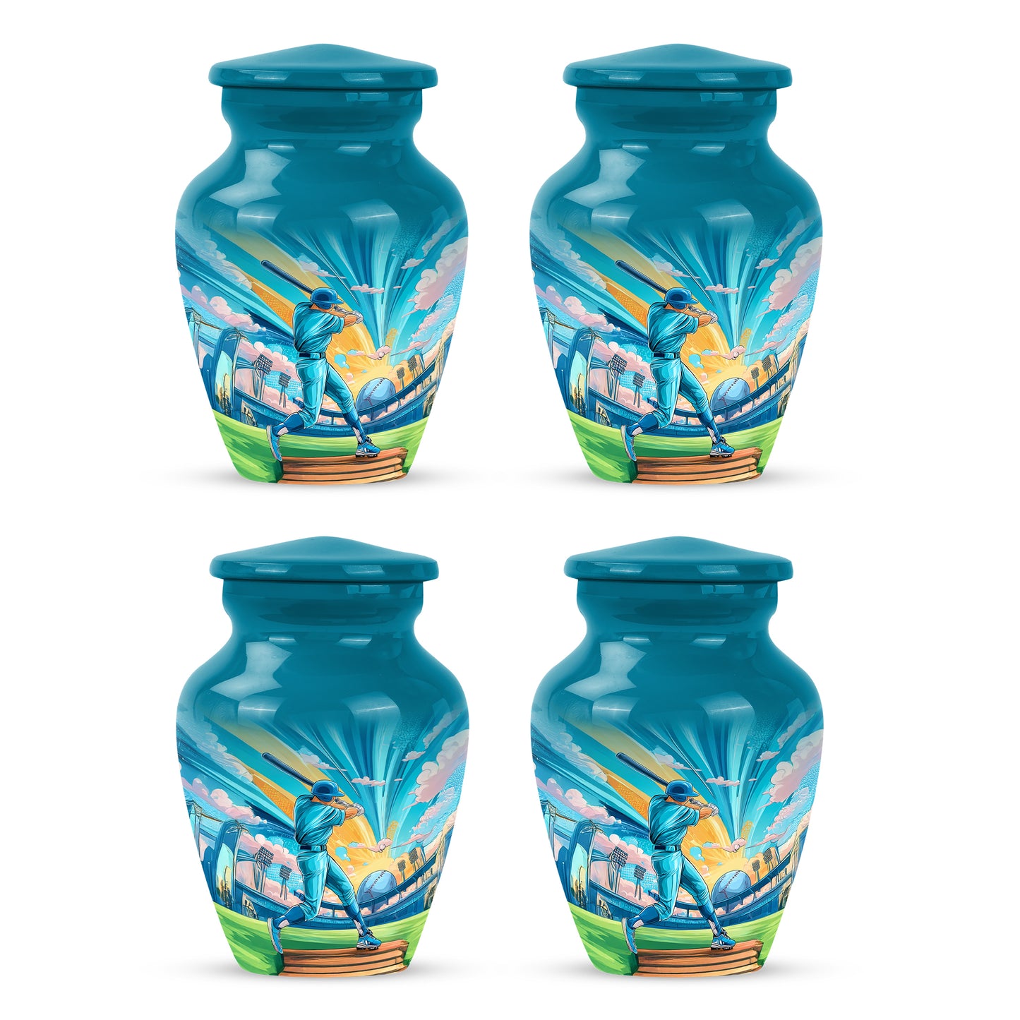 Vivid Teal Baseball Cremation Urn side profile showing urn shape - traditional baseball engraving with hand-polished finish - 10 inch aluminum urn for cremated remains