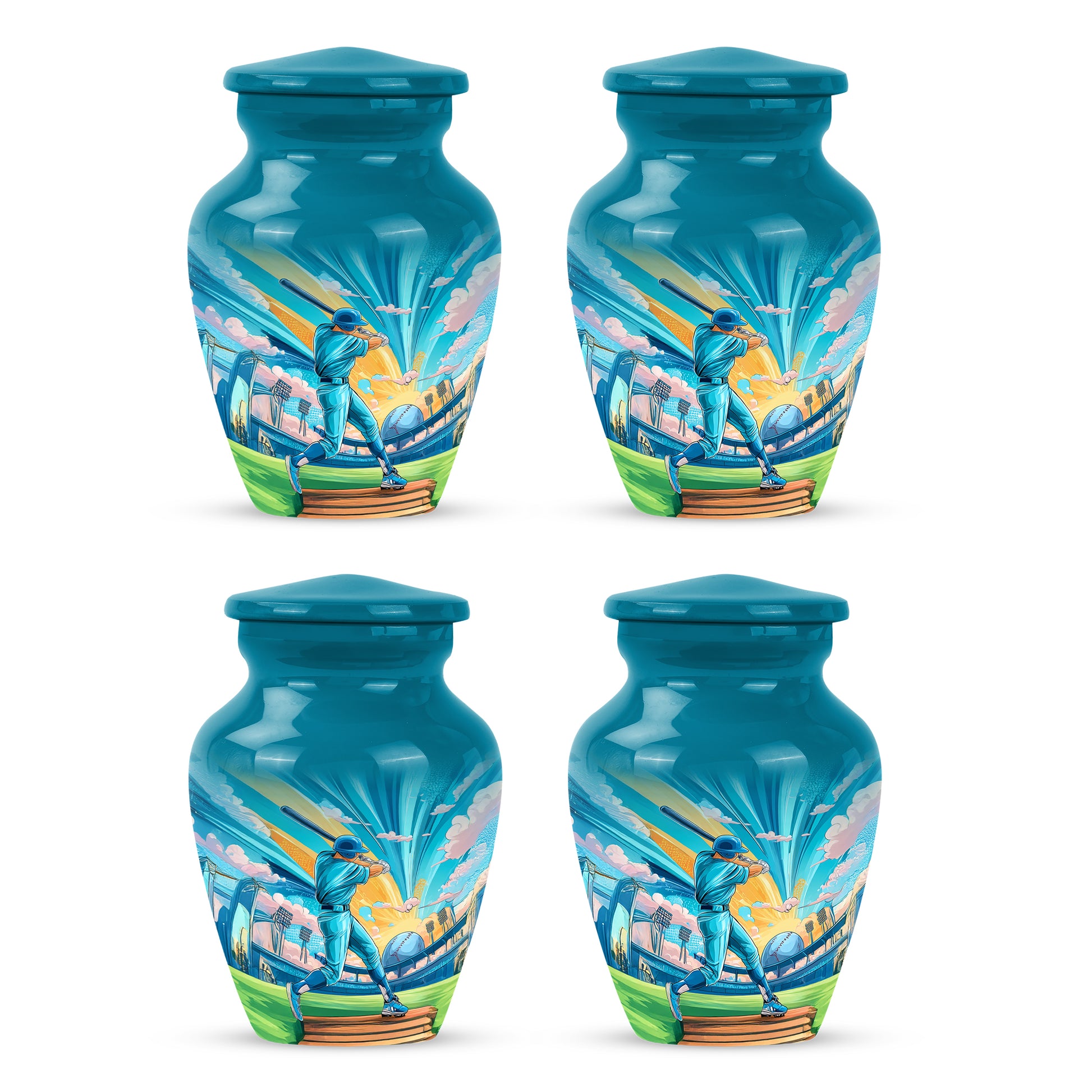 Vivid Teal Baseball Cremation Urn side profile showing urn shape - traditional baseball engraving with hand-polished finish - 10 inch aluminum urn for cremated remains