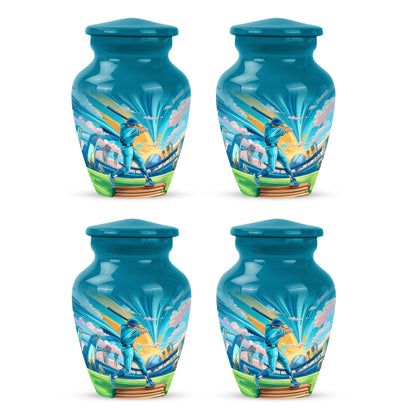 Vivid Teal Baseball Cremation Urn side profile showing urn shape - traditional baseball engraving with hand-polished finish - 10 inch aluminum urn for cremated remains