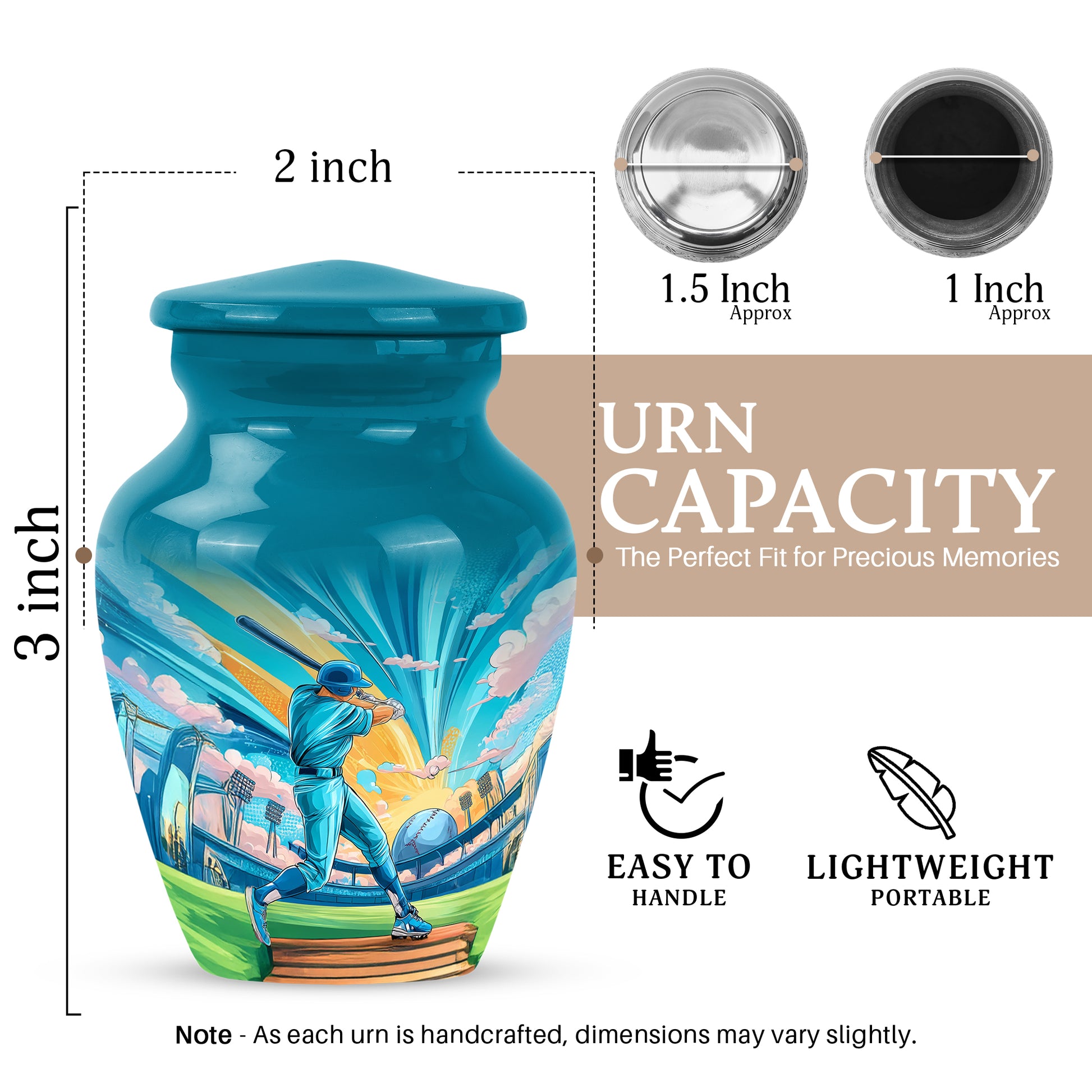 Aqua Teal Baseball Cremation Urn close-up of engraving and surface detail - traditional baseball engraving with hand-polished finish - mini keepsake memorial for portion of cremation ashes