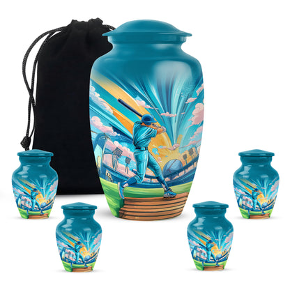 Deep Teal Baseball Cremation Urn top-down view of secure threaded lid - traditional baseball engraving with hand-polished finish - memorial set with one large and four small urns