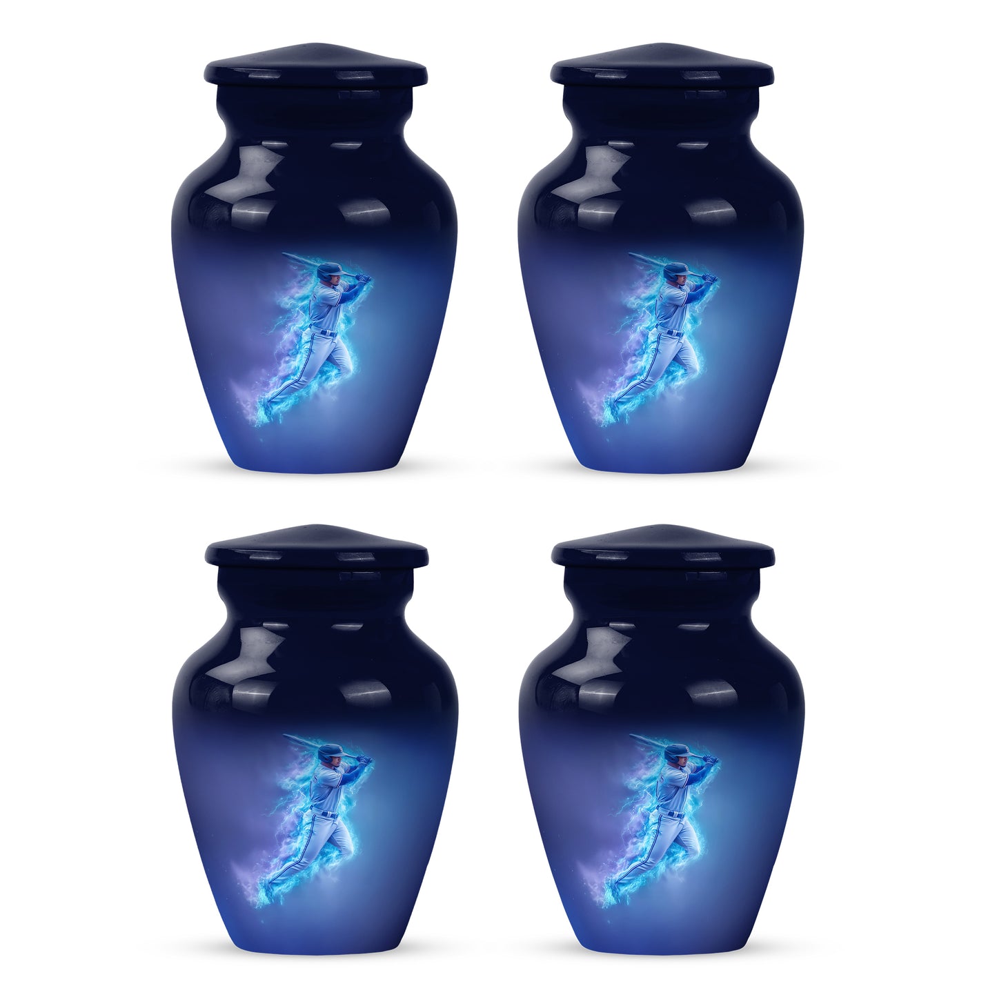 Misty Blue Baseball Cremation Urn side profile showing urn shape - timeless baseball motif etched into premium metal - 10 inch aluminum urn for cremated remains