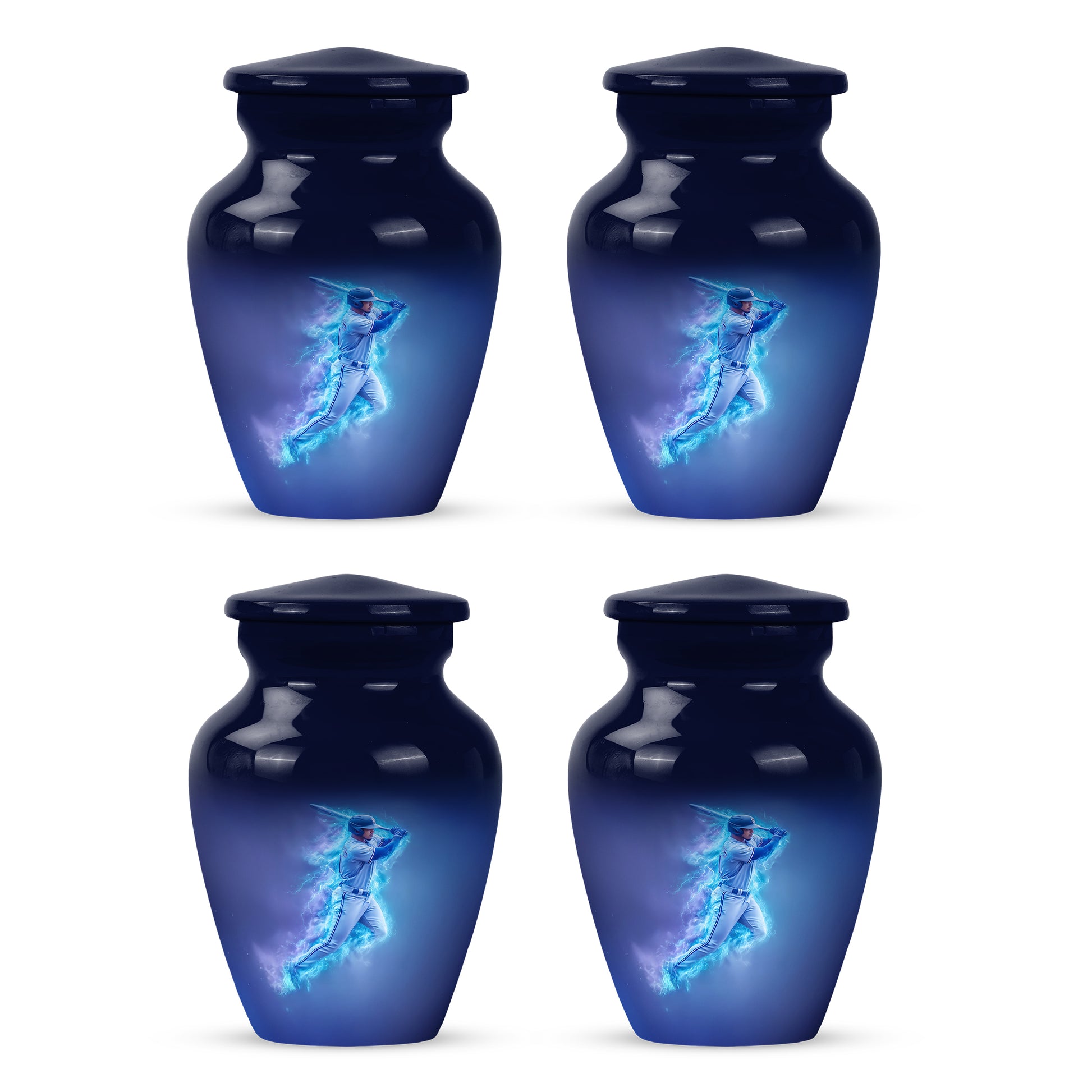 Misty Blue Baseball Cremation Urn side profile showing urn shape - timeless baseball motif etched into premium metal - 10 inch aluminum urn for cremated remains
