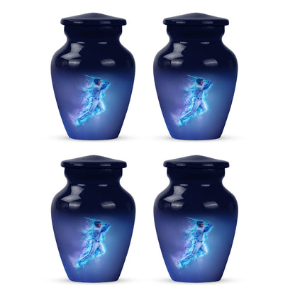 Misty Blue Baseball Cremation Urn side profile showing urn shape - timeless baseball motif etched into premium metal - 10 inch aluminum urn for cremated remains
