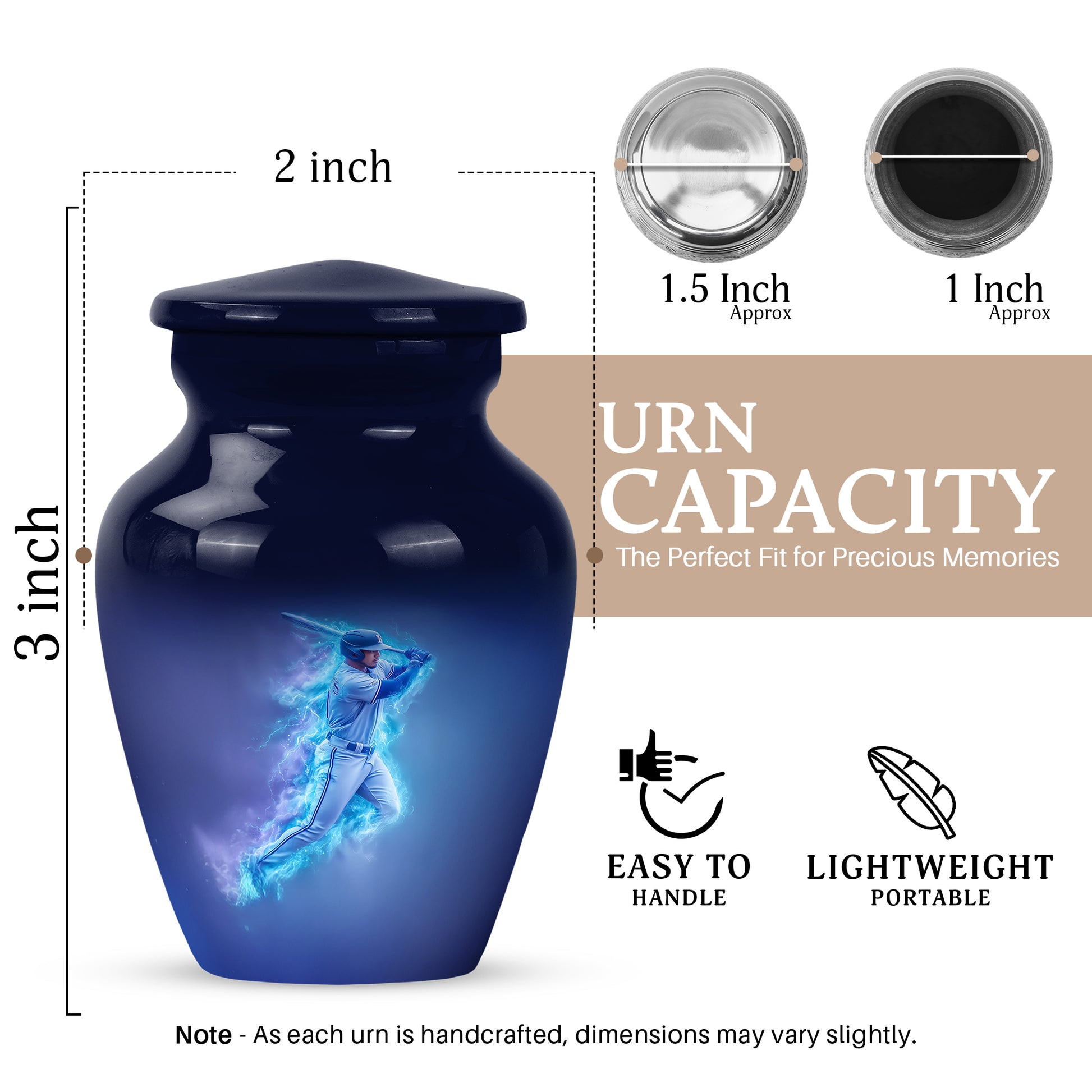 Pastel Blue Baseball Cremation Urn close-up of engraving and surface detail - timeless baseball motif etched into premium metal - mini keepsake memorial for portion of cremation ashes