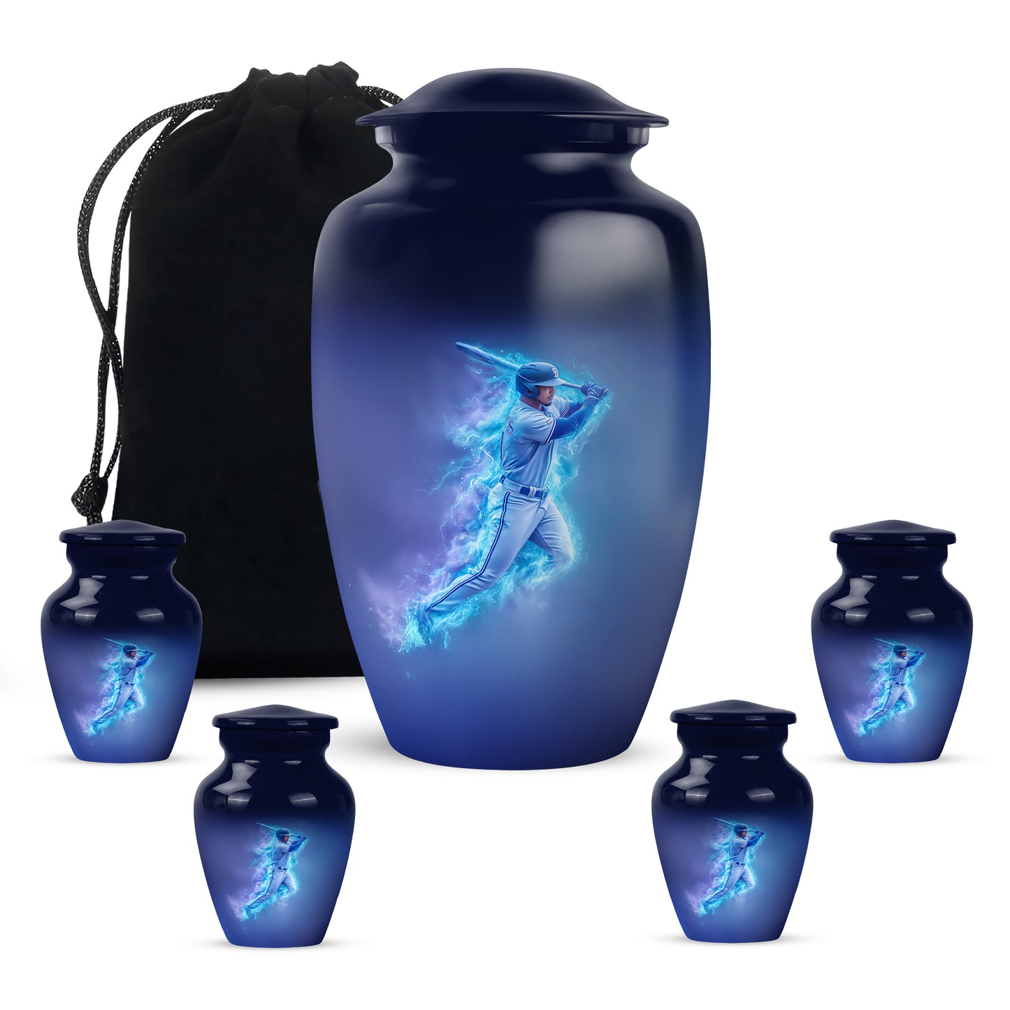 Cornflower Blue Baseball Cremation Urn top-down view of secure threaded lid - elegant classic baseball relief with fine detailing - memorial set with one large and four small urns