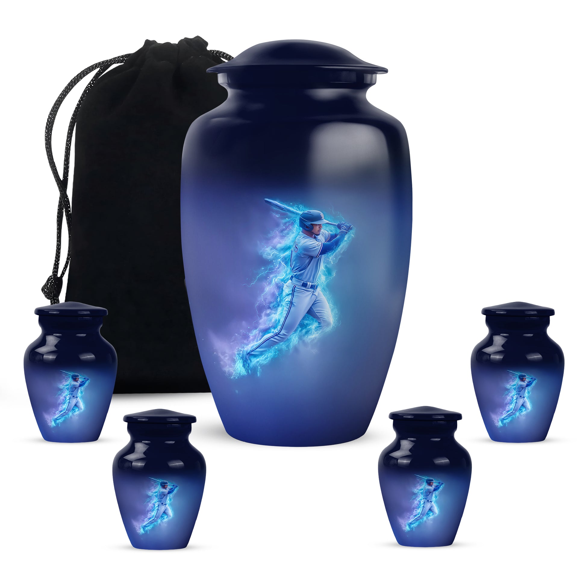 Cornflower Blue Baseball Cremation Urn top-down view of secure threaded lid - elegant classic baseball relief with fine detailing - memorial set with one large and four small urns