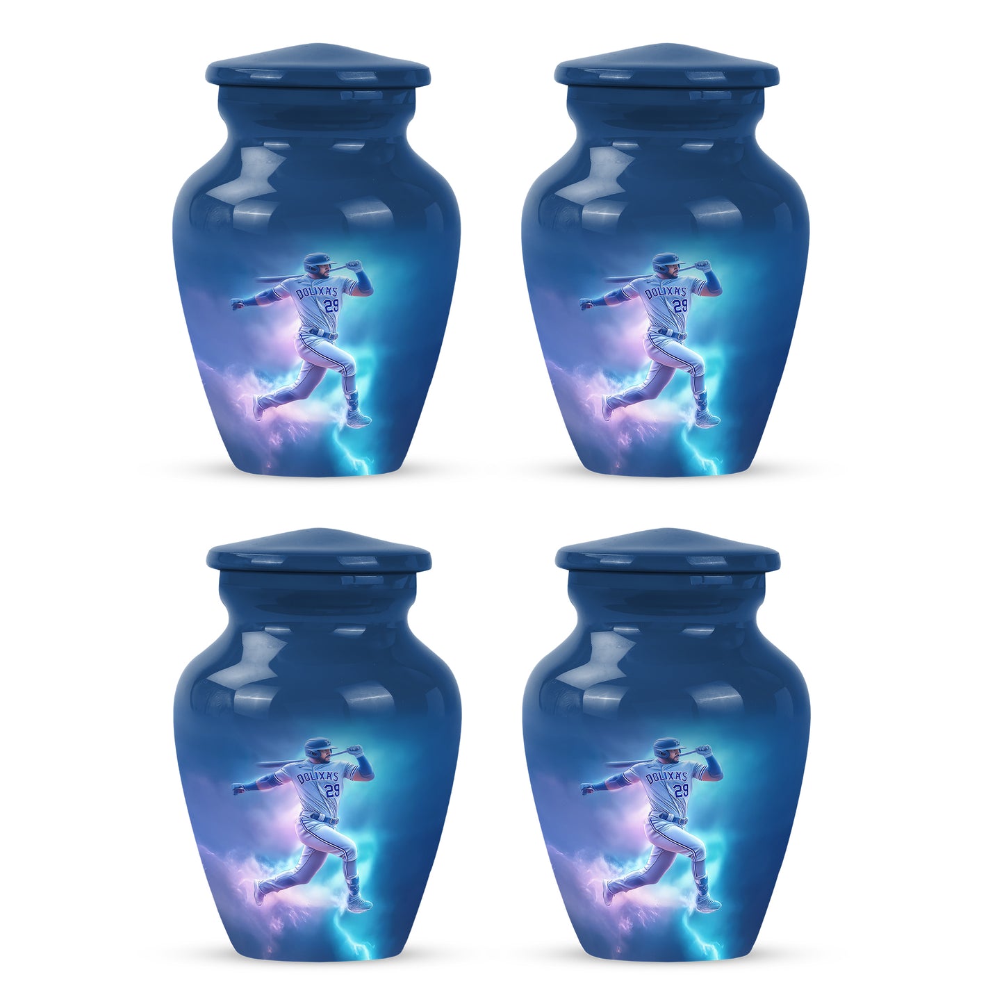 Icy Blue Baseball Cremation Urn side profile showing urn shape - classic sculpted baseball pattern on smooth aluminum - 10 inch aluminum urn for cremated remains