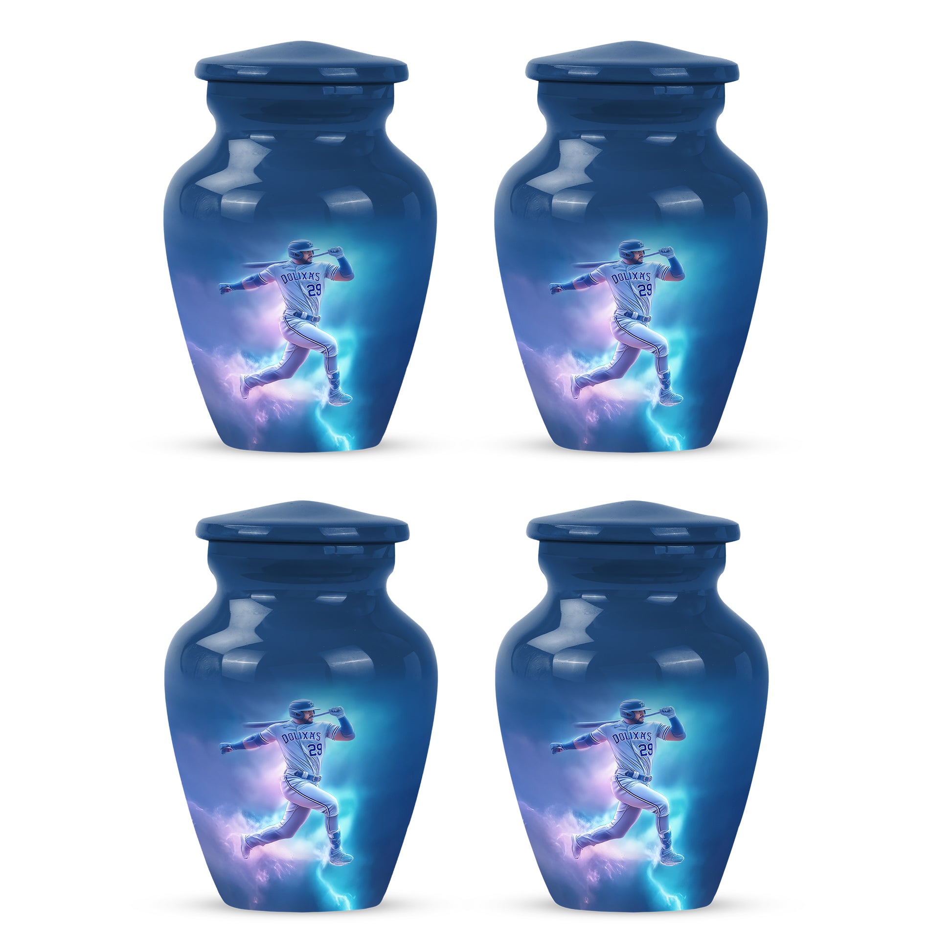 Icy Blue Baseball Cremation Urn side profile showing urn shape - classic sculpted baseball pattern on smooth aluminum - 10 inch aluminum urn for cremated remains