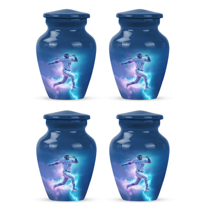 Icy Blue Baseball Cremation Urn side profile showing urn shape - classic sculpted baseball pattern on smooth aluminum - 10 inch aluminum urn for cremated remains