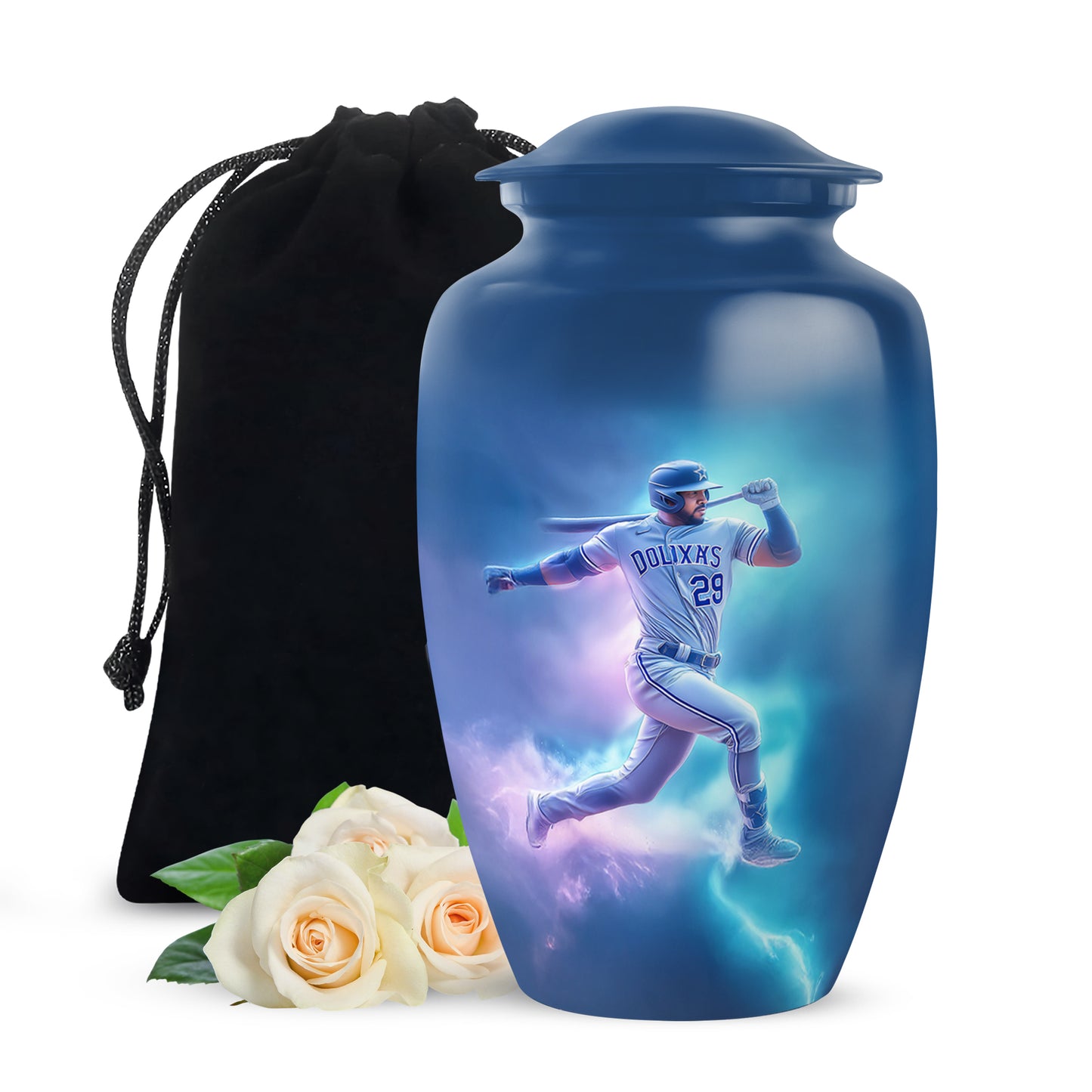 Bright Blue Baseball Cremation Urn angled view of lid and engraved motif - elegant classic baseball relief with fine detailing - full-size 10 inch 200 cubic inch adult cremation urn