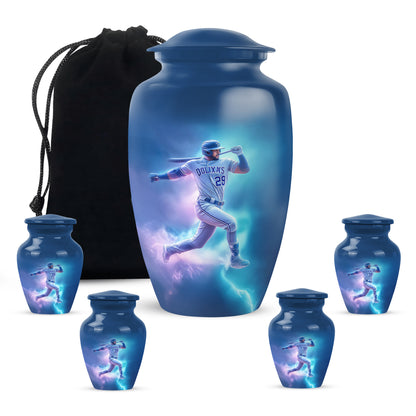 Vivid Blue Baseball Cremation Urn top-down view of secure threaded lid - traditional baseball engraving with hand-polished finish - memorial set with one large and four small urns