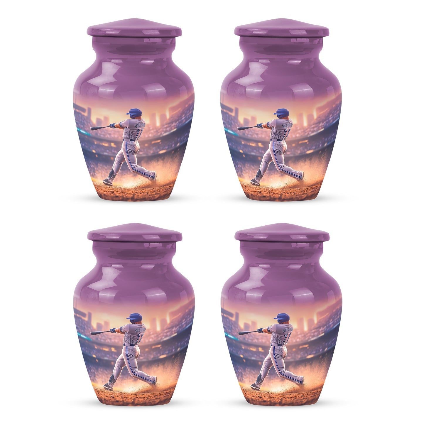Pastel Pink Baseball Cremation Urn side profile showing urn shape - timeless baseball motif etched into premium metal - 10 inch aluminum urn for cremated remains
