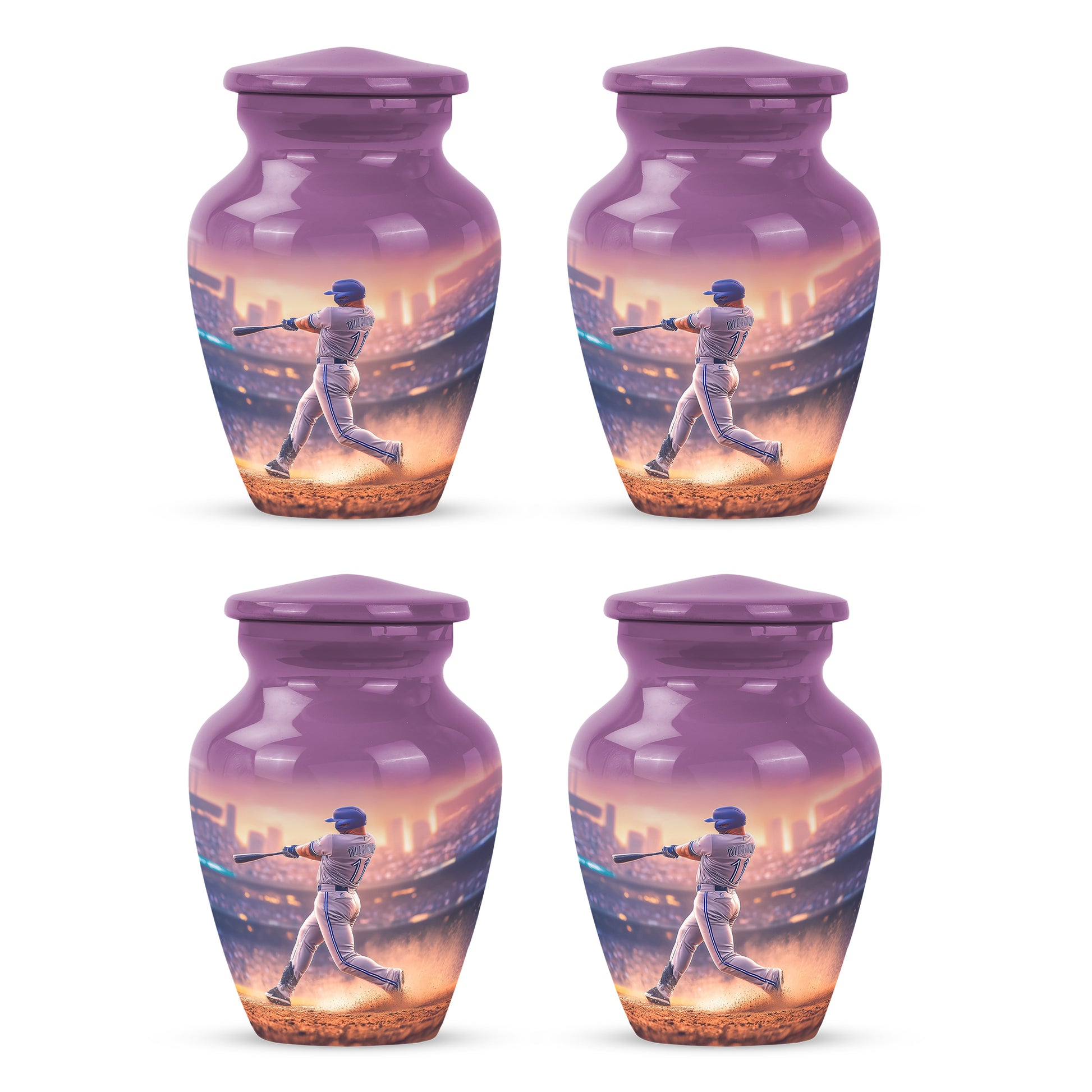 Pastel Pink Baseball Cremation Urn side profile showing urn shape - timeless baseball motif etched into premium metal - 10 inch aluminum urn for cremated remains