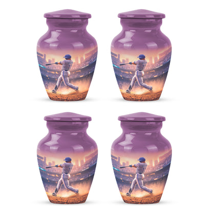 Pastel Pink Baseball Cremation Urn side profile showing urn shape - timeless baseball motif etched into premium metal - 10 inch aluminum urn for cremated remains