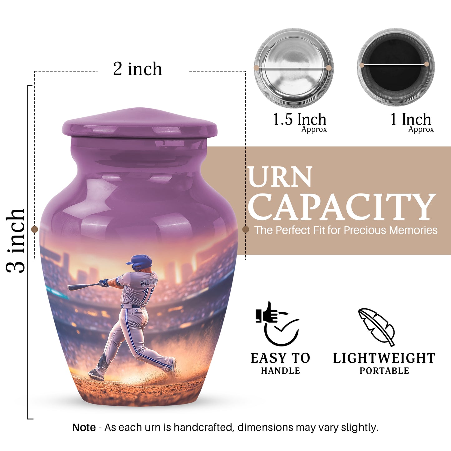 Petal Pink Baseball Cremation Urn close-up of engraving and surface detail - traditional baseball engraving with hand-polished finish - mini keepsake memorial for portion of cremation ashes
