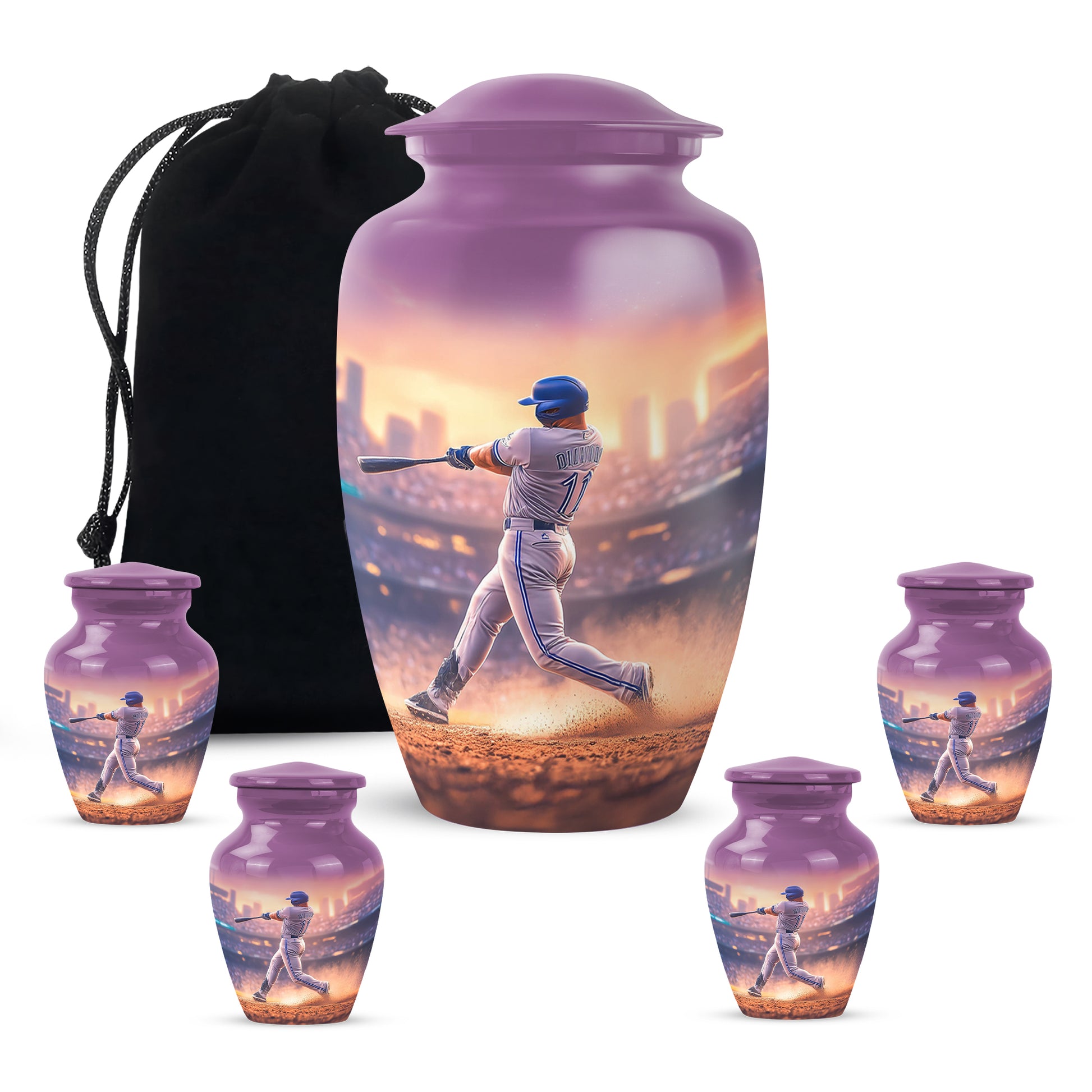 Vintage Pink Baseball Cremation Urn top-down view of secure threaded lid - traditional baseball engraving with hand-polished finish - memorial set with one large and four small urns