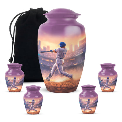 Vintage Pink Baseball Cremation Urn top-down view of secure threaded lid - traditional baseball engraving with hand-polished finish - memorial set with one large and four small urns