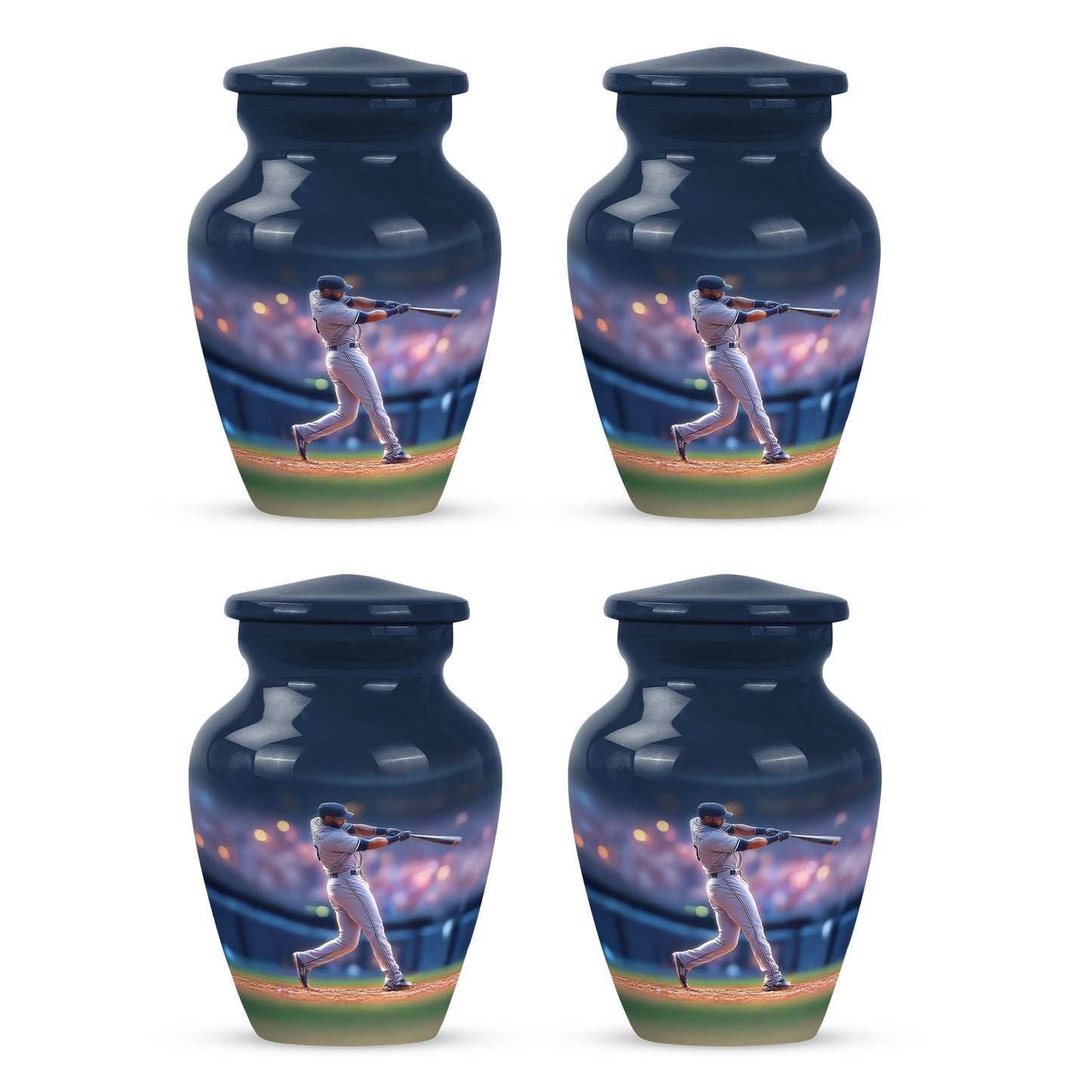 Serene Blue Baseball Cremation Urn side profile showing urn shape - traditional baseball engraving with hand-polished finish - 10 inch aluminum urn for cremated remains