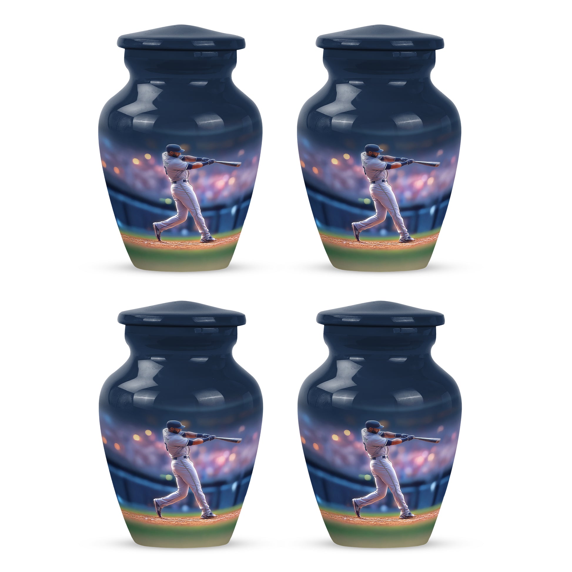 Serene Blue Baseball Cremation Urn side profile showing urn shape - traditional baseball engraving with hand-polished finish - 10 inch aluminum urn for cremated remains