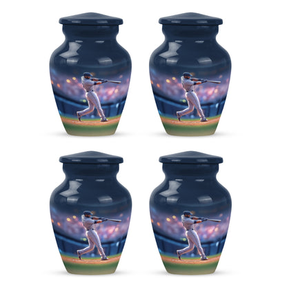 Serene Blue Baseball Cremation Urn side profile showing urn shape - traditional baseball engraving with hand-polished finish - 10 inch aluminum urn for cremated remains