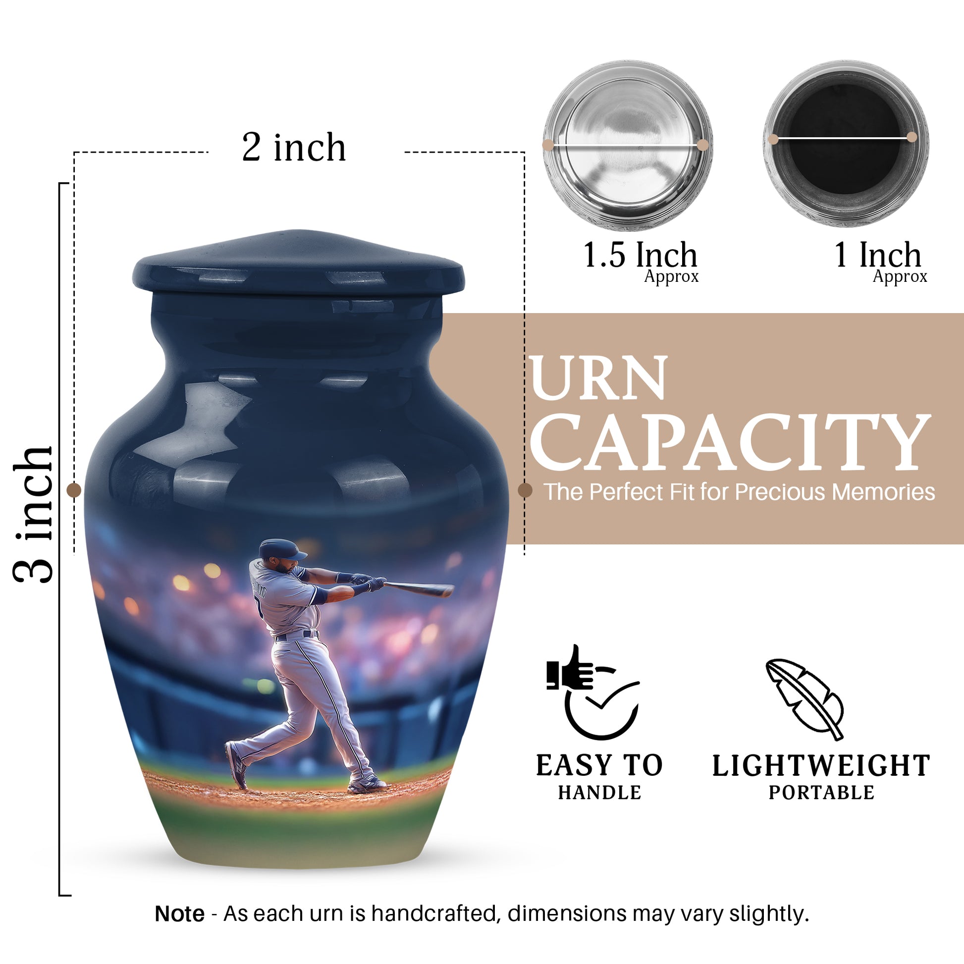 Icy Blue Baseball Cremation Urn close-up of engraving and surface detail - timeless baseball motif etched into premium metal - mini keepsake memorial for portion of cremation ashes