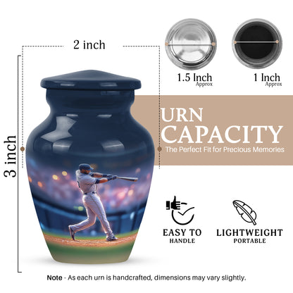 Icy Blue Baseball Cremation Urn close-up of engraving and surface detail - timeless baseball motif etched into premium metal - mini keepsake memorial for portion of cremation ashes