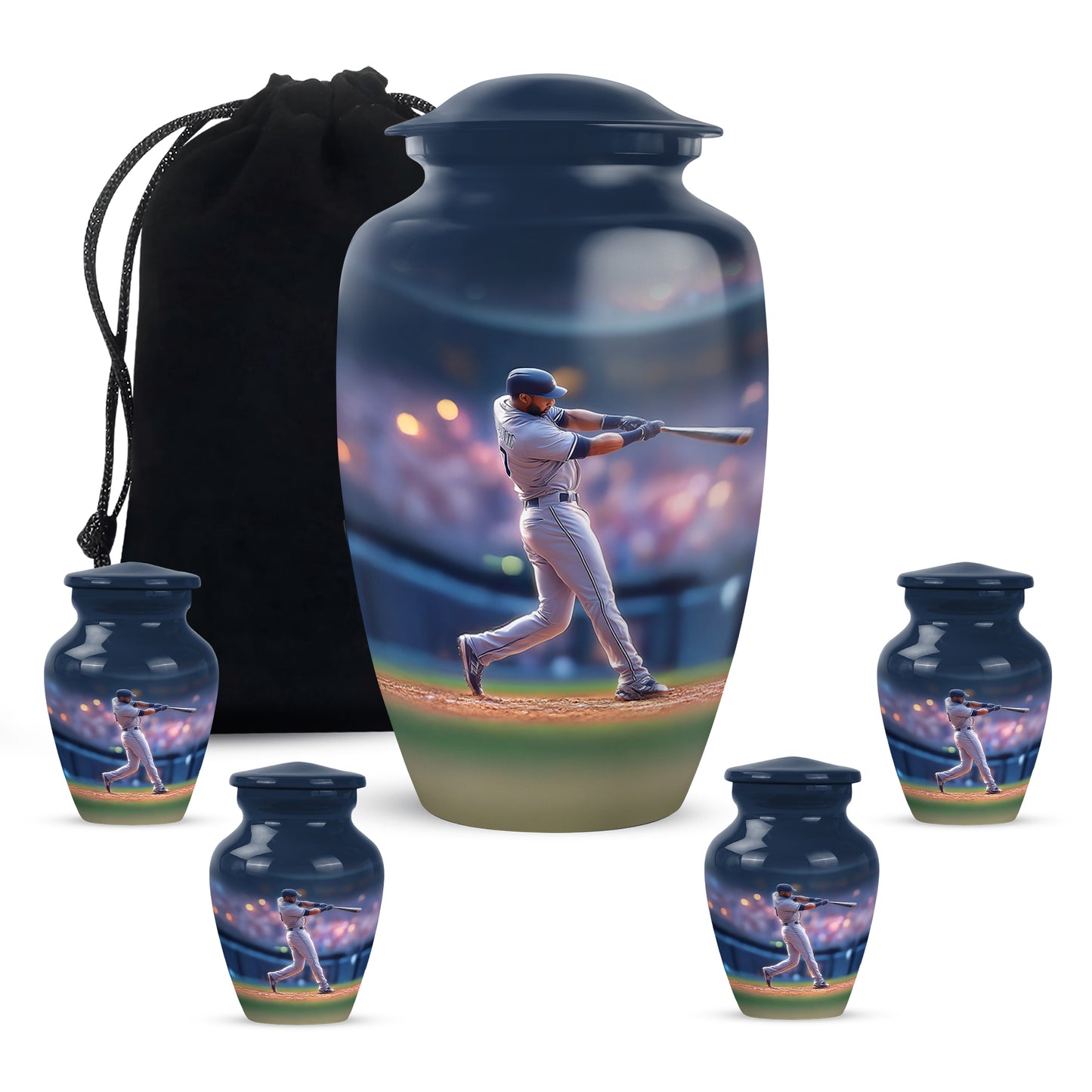 Serene Blue Baseball Cremation Urn top-down view of secure threaded lid - traditional baseball engraving with hand-polished finish - memorial set with one large and four small urns