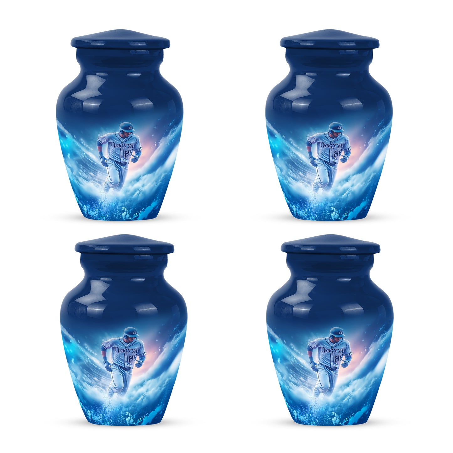 Indigo Baseball Cremation Urn side profile showing urn shape - timeless baseball motif etched into premium metal - 10 inch aluminum urn for cremated remains