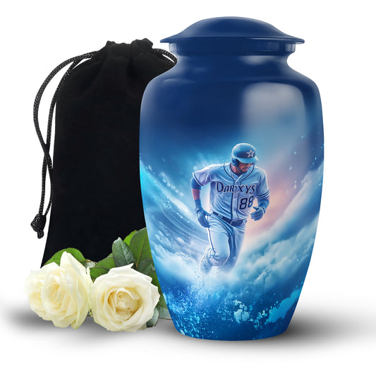 Steel Blue Baseball Cremation Urn angled view of lid and engraved motif - traditional baseball engraving with hand-polished finish - full-size 10 inch 200 cubic inch adult cremation urn