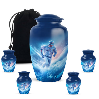 Sapphire Blue Baseball Cremation Urn top-down view of secure threaded lid - traditional baseball engraving with hand-polished finish - memorial set with one large and four small urns