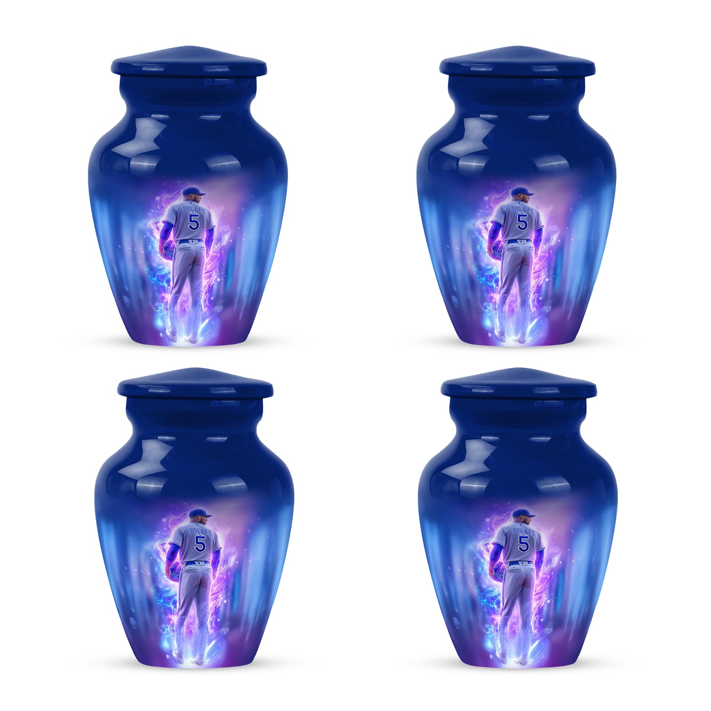 Celestial Blue Baseball Cremation Urn side profile showing urn shape - classic sculpted baseball pattern on smooth aluminum - 10 inch aluminum urn for cremated remains