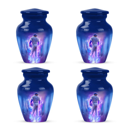 Celestial Blue Baseball Cremation Urn side profile showing urn shape - classic sculpted baseball pattern on smooth aluminum - 10 inch aluminum urn for cremated remains