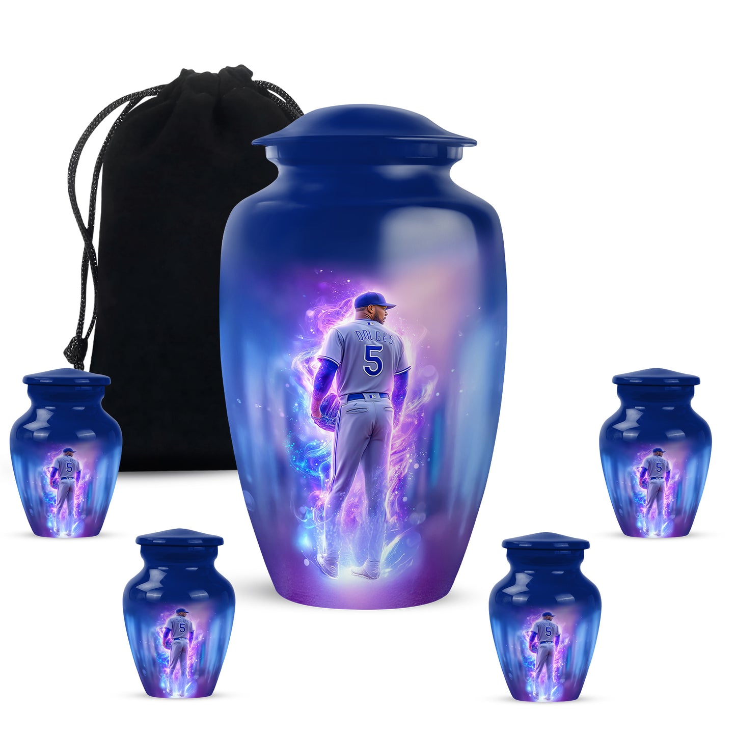 Indigo Baseball Cremation Urn top-down view of secure threaded lid - timeless baseball motif etched into premium metal - memorial set with one large and four small urns