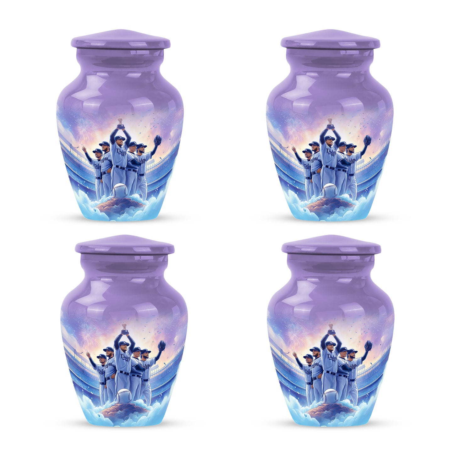 Deep Purple Baseball Cremation Urn side profile showing urn shape - classic sculpted baseball pattern on smooth aluminum - 10 inch aluminum urn for cremated remains