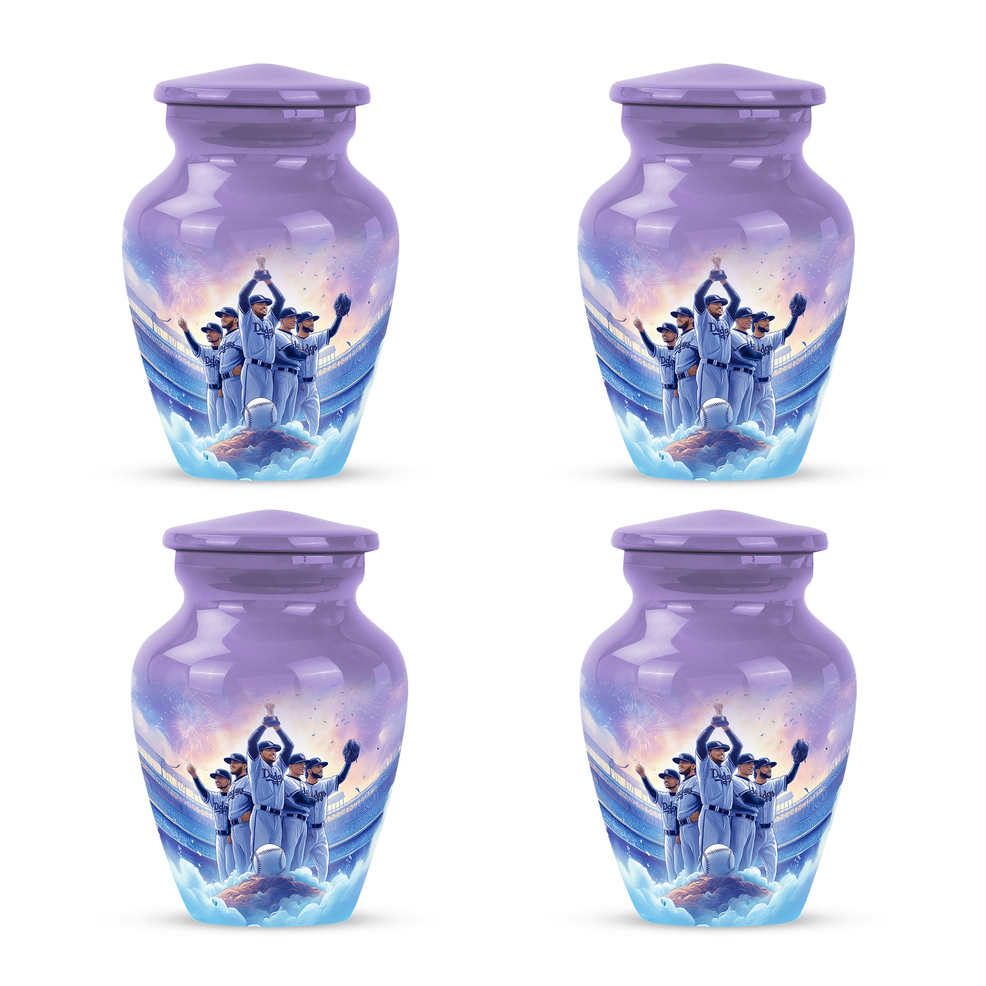 Deep Purple Baseball Cremation Urn side profile showing urn shape - classic sculpted baseball pattern on smooth aluminum - 10 inch aluminum urn for cremated remains