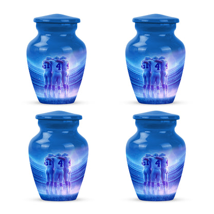 Indigo Baseball Cremation Urn side profile showing urn shape - timeless baseball motif etched into premium metal - 10 inch aluminum urn for cremated remains