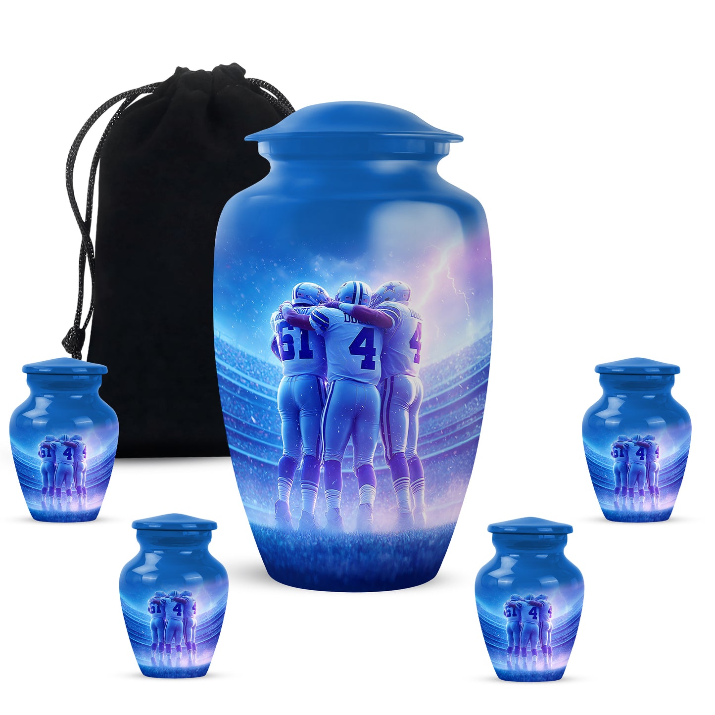 Indigo Baseball Cremation Urn top-down view of secure threaded lid - classic sculpted baseball pattern on smooth aluminum - memorial set with one large and four small urns