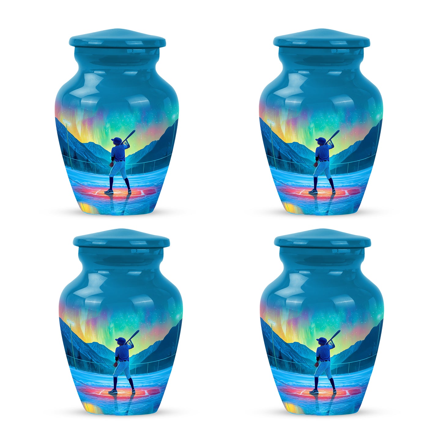 Celestial Blue Baseball Cremation Urn side profile showing urn shape - timeless baseball motif etched into premium metal - 10 inch aluminum urn for cremated remains